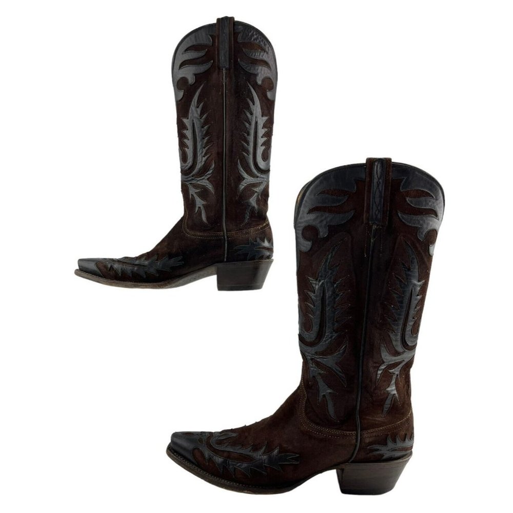 Lucchese Brown Leather Western Cowboy Boots with Black Overlay - Picture 2 of 8
